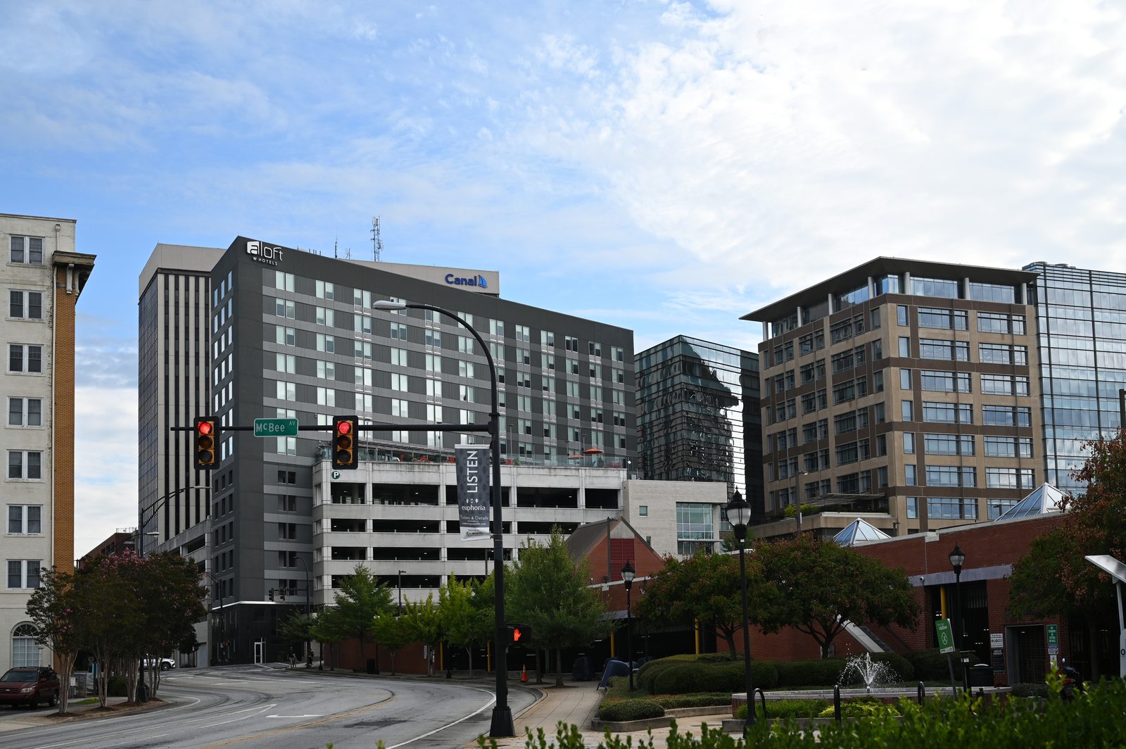 High-rise buildings in downtown Greenville, South Carolina under a clear sky